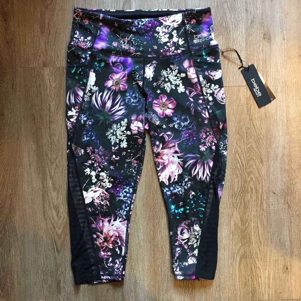 bebe sport Floral Mesh Capri Yoga Workout Leggings